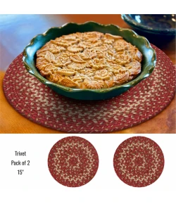 Homespice Decor Jute Braided Accessories Red & Beige Apple Pie 15in. Set of 2 Round Rug