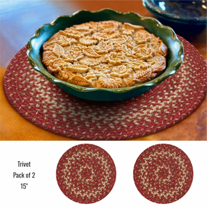 Homespice Decor Jute Braided Accessories Red & Beige Apple Pie 15in. Set of 2 Round Rug