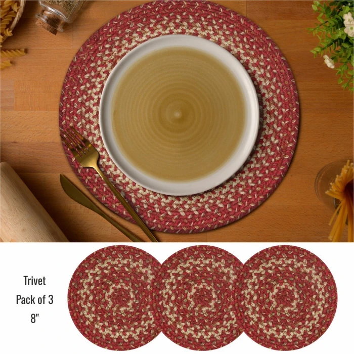 Homespice Decor Jute Braided Accessories Red & Beige Apple Pie 8in. Set of 3 Round Rug