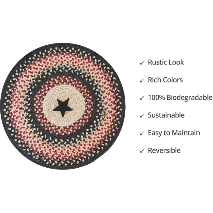 Homespice Decor Jute Braided Accessories Primitive Star Gloucester Black 240174PS 15 in. Set of 6 Round Rug