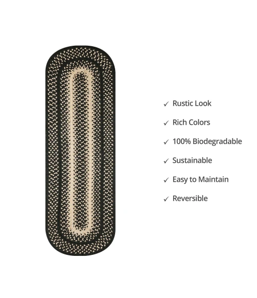 Homespice Decor Jute Braided Accessories Manchester Black 571724 11 in. X 36 in. Oval Rug