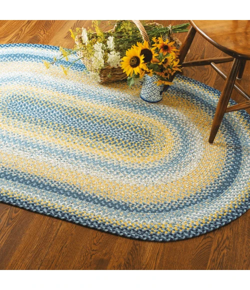 Homespice Decor Cotton Braided Sunflowers Blue 406316 8 ft. X 10 ft. Oval Rug