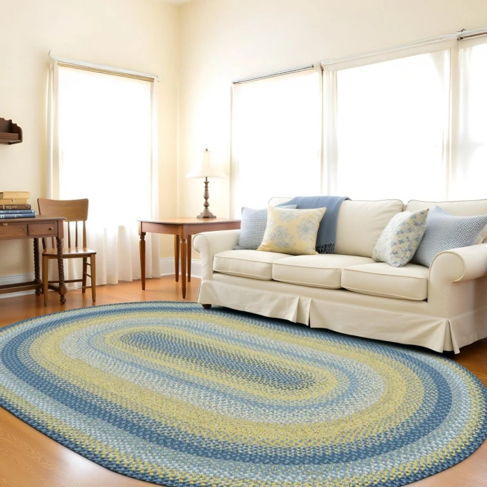 Homespice Decor Cotton Braided Sunflowers Blue 400314 27 in. X 45 in. Oval Rug
