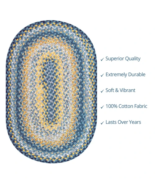 Homespice Decor Cotton Braided Sunflowers Blue 453310 20 in. X 30 in. Oval Rug