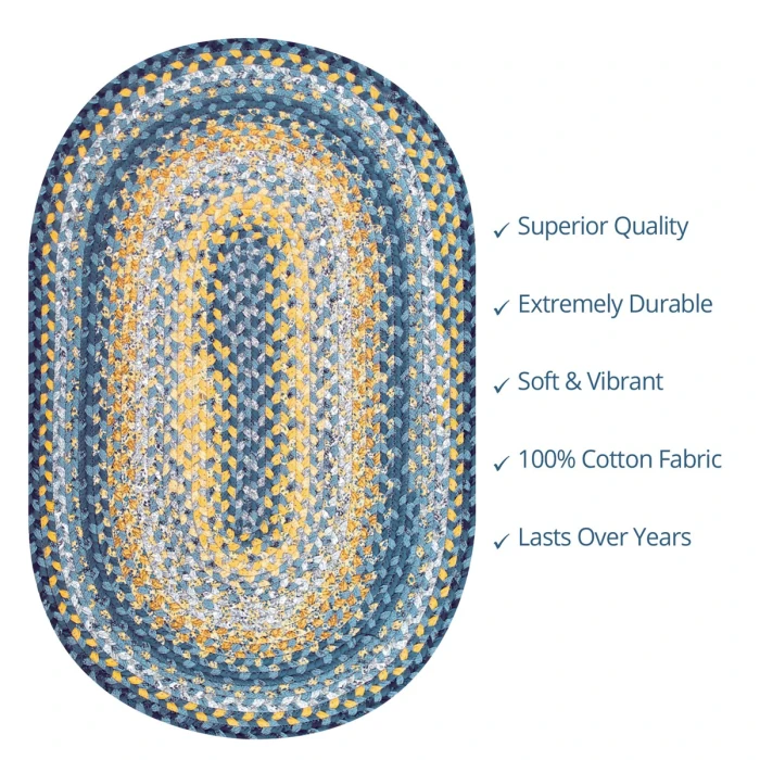 Homespice Decor Cotton Braided Sunflowers Blue 400314 27 in. X 45 in. Oval Rug
