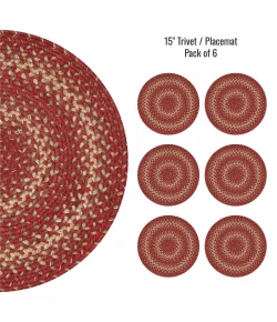Homespice Decor Jute Braided Accessories Red & Beige Apple Pie 15in. Set of 6 Round Rug