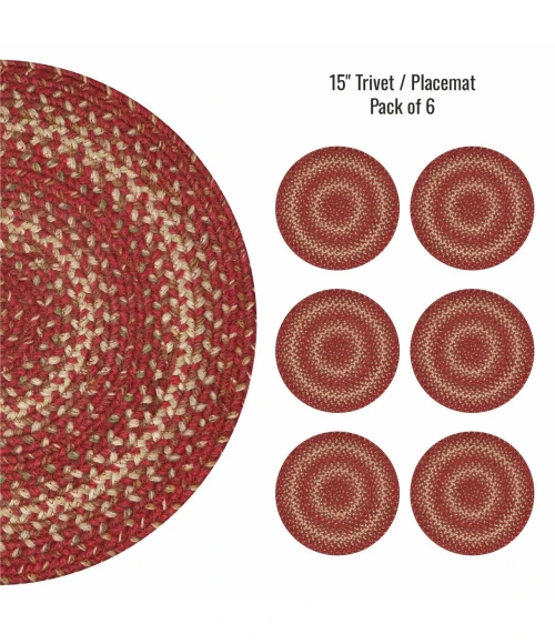 Homespice Decor Jute Braided Accessories Red & Beige Apple Pie 15in. Set of 6 Round Rug