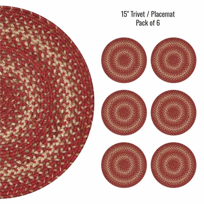 Homespice Decor Jute Braided Accessories Red & Beige Apple Pie 15in. Set of 6 Round Rug