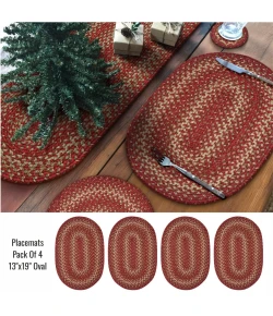 Homespice Decor Jute Braided Accessories Red & Beige Apple Pie 13in. x 19in. Set of 4 Oval Rug
