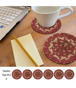 Homespice Decor Jute Braided Accessories Red & Beige Apple Pie 4in. Set of 6 Round Rug