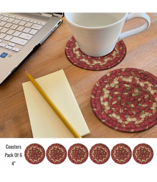 Homespice Decor Jute Braided Accessories Red & Beige Apple Pie 4in. Set of 6 Round Rug