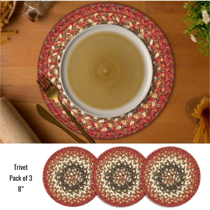 Homespice Decor Jute Braided Accessories Chester Red 240025PS 8 in. Set of 3 Round Rug