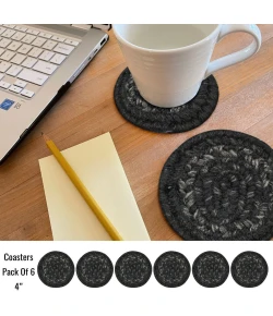 Homespice Decor Jute Braided Accessories Black Jet Black 4in. Set of 6 Round Rug