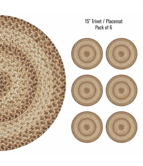 Homespice Decor Jute Braided Accessories Multi Color Cookie Dough 15in. Set of 6 Round Rug