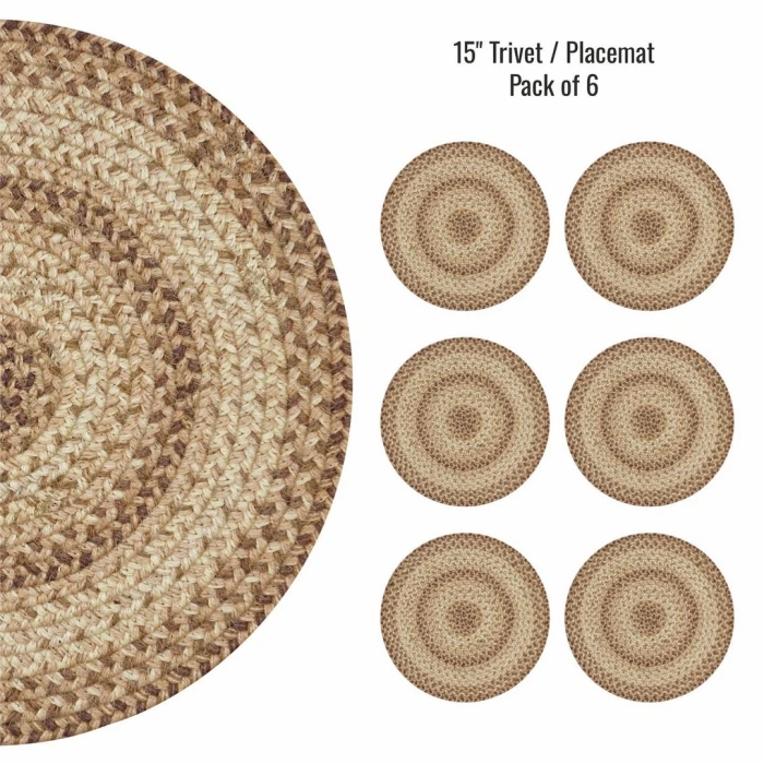 Homespice Decor Jute Braided Accessories Multi Color Cookie Dough 15in. Set of 6 Round Rug