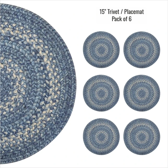 Homespice Decor Jute Braided Accessories Denim Blue 240172PS 15 in. Set of 6 Round Rug