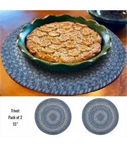 Homespice Decor Jute Braided Accessories Denim Blue 240042PS 15 in. Set of 2 Round Rug
