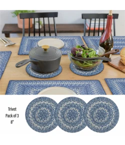 Homespice Decor Jute Braided Accessories Denim Blue 240024PS 8 in. Set of 3 Round Rug
