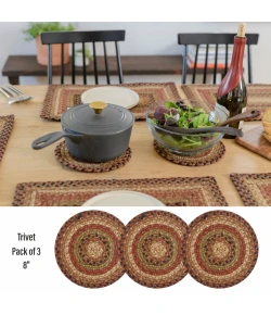 Homespice Decor Jute Braided Accessories Gingerbread Brown, Deep Red 240030PS 8 in. Set of 3 Round Rug