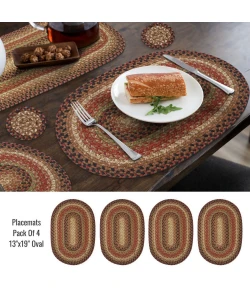 Homespice Decor Jute Braided Accessories Gingerbread Brown, Deep Red 240062PS 13 in. X 19 in. Set of 4 Oval Rug