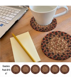 Homespice Decor Jute Braided Accessories Gingerbread Brown, Deep Red 240014PS 4 in. Set of 6 Round Rug