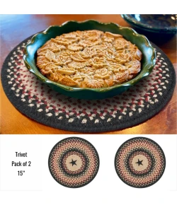 Homespice Decor Jute Braided Accessories Primitive Star Gloucester Black 240044PS 15 in. Set of 2 Round Rug
