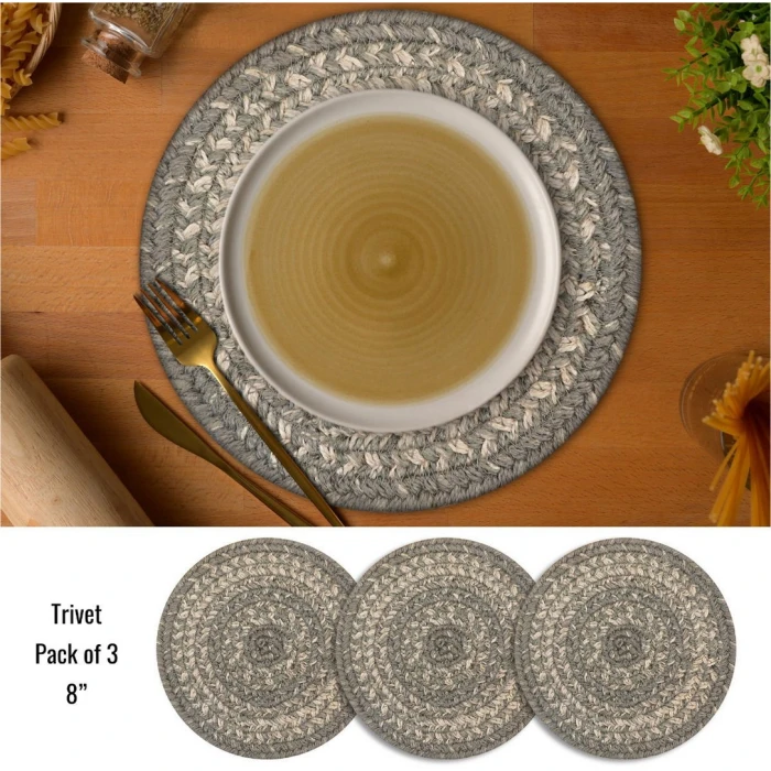 Homespice Decor Jute Braided Accessories Grey Cloud Grey 240032PS 8 in. Set of 3 Round Rug