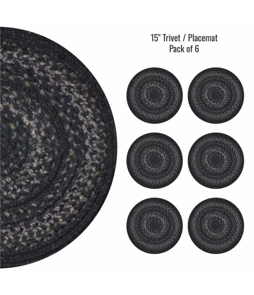 Homespice Decor Jute Braided Accessories Black Jet Black 15in. Set of 6 Round Rug