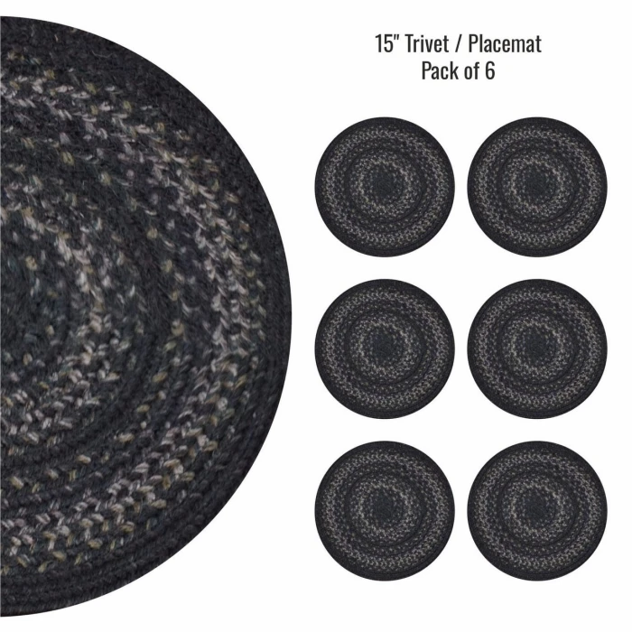 Homespice Decor Jute Braided Accessories Black Jet Black 15in. Set of 6 Round Rug