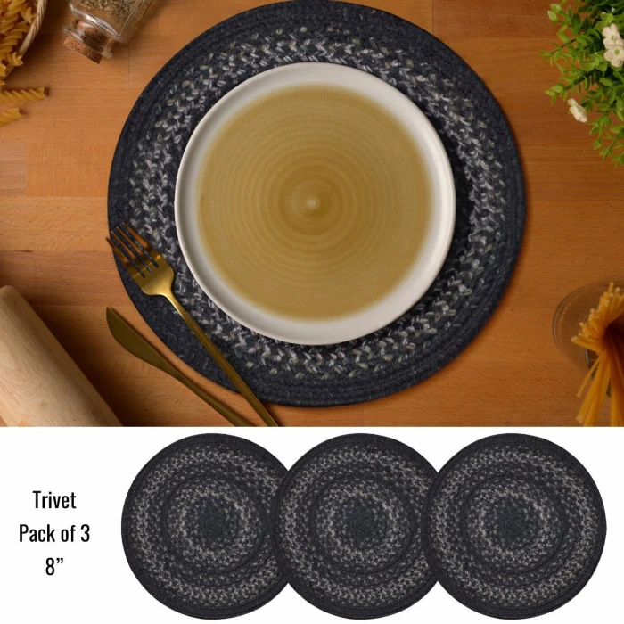 Homespice Decor Jute Braided Accessories Black Jet Black 8in. Set of 3 Round Rug