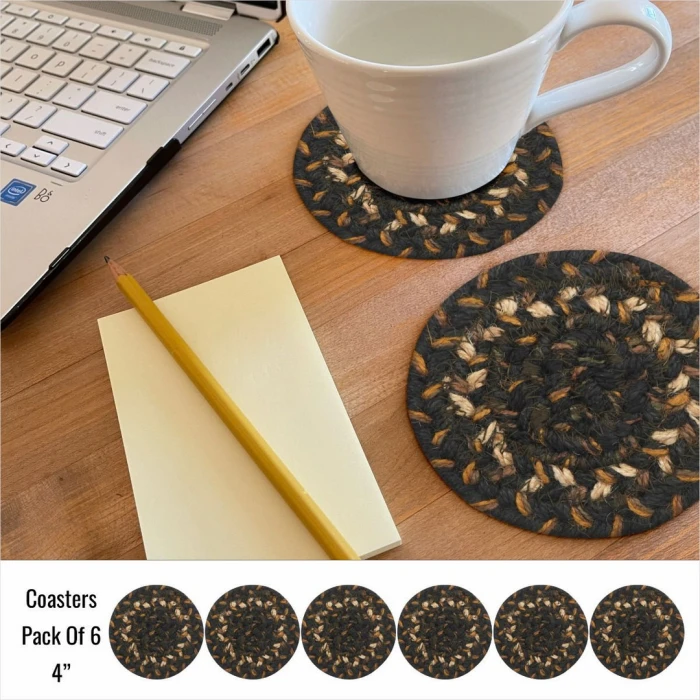 Homespice Decor Jute Braided Accessories Kilimanjaro Black 240006PS 4 in. Set of 6 Round Rug
