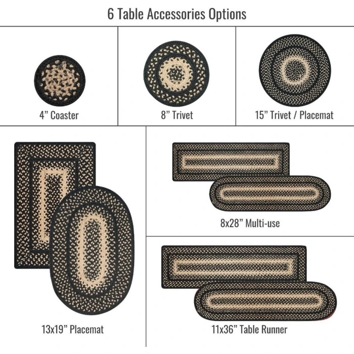 Homespice Decor Jute Braided Accessories Manchester Black 240010PS 4 in. Set of 6 Round Rug