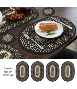 Homespice Decor Jute Braided Accessories Manchester Black 240058PS 13 in. X 19 in. Set of 4 Oval Rug