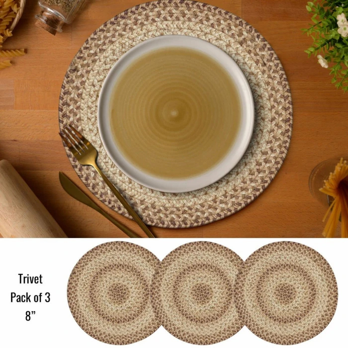 Homespice Decor Jute Braided Accessories Multi Color Cookie Dough 8in. Set of 3 Round Rug