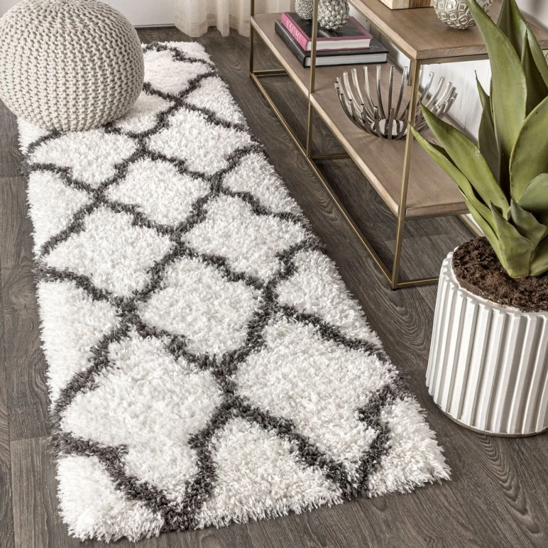 Marrakesh Shag Trellis Ivory/Charcoal 2 ft. x 8 ft. Runner Rug