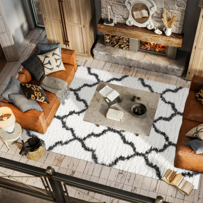 Marrakesh Shag Trellis Ivory/Charcoal 3 ft. x 5 ft. Area Rug