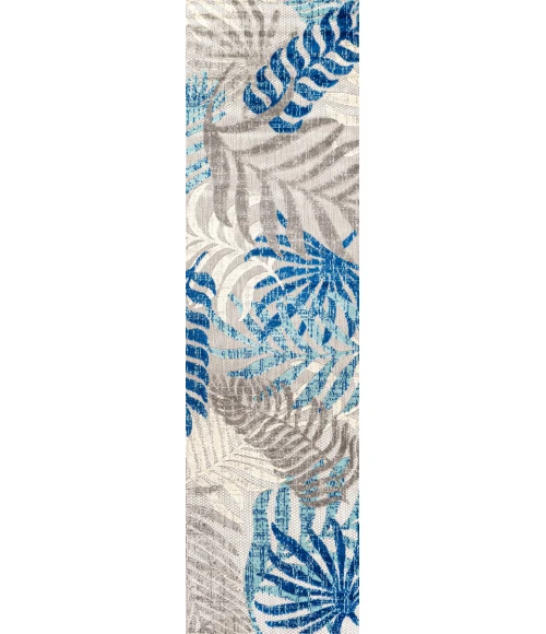 Tropics Palm Leaves Gray/Blue 2 ft. x 10 ft. Indoor/Outdoor Runner Rug