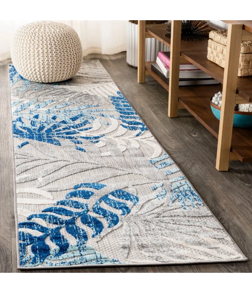 Tropics Palm Leaves Gray/Blue 2 ft. x 10 ft. Indoor/Outdoor Runner Rug