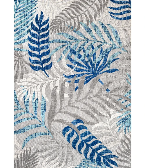Tropics Palm Leaves Gray/Blue 8 ft. x 10 ft. Indoor/Outdoor Area Rug