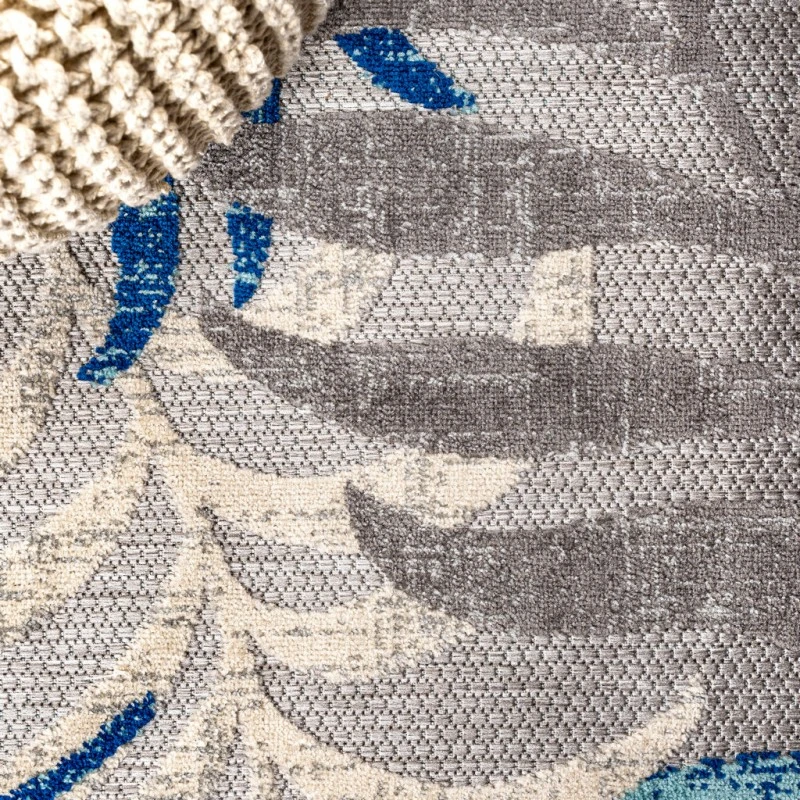 Tropics Palm Leaves Gray/Blue 6' Square Indoor/Outdoor Area Rug