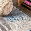 Tropics Palm Leaves Gray/Blue 6' Square Indoor/Outdoor Area Rug