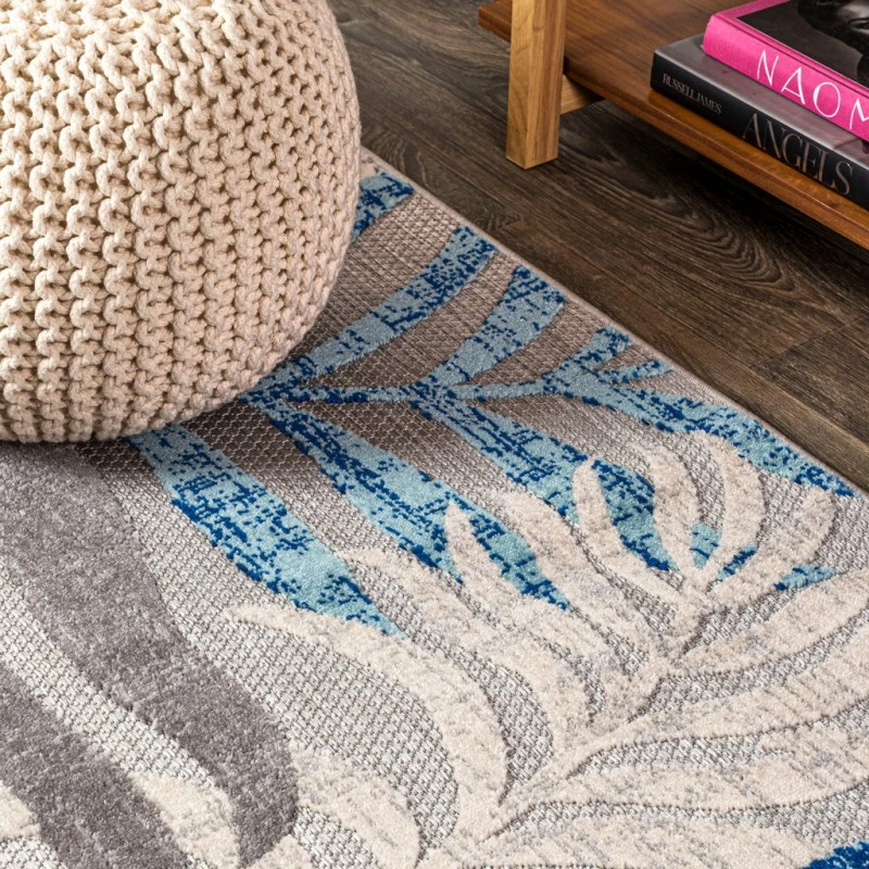 Tropics Palm Leaves Gray/Blue 6' Square Indoor/Outdoor Area Rug
