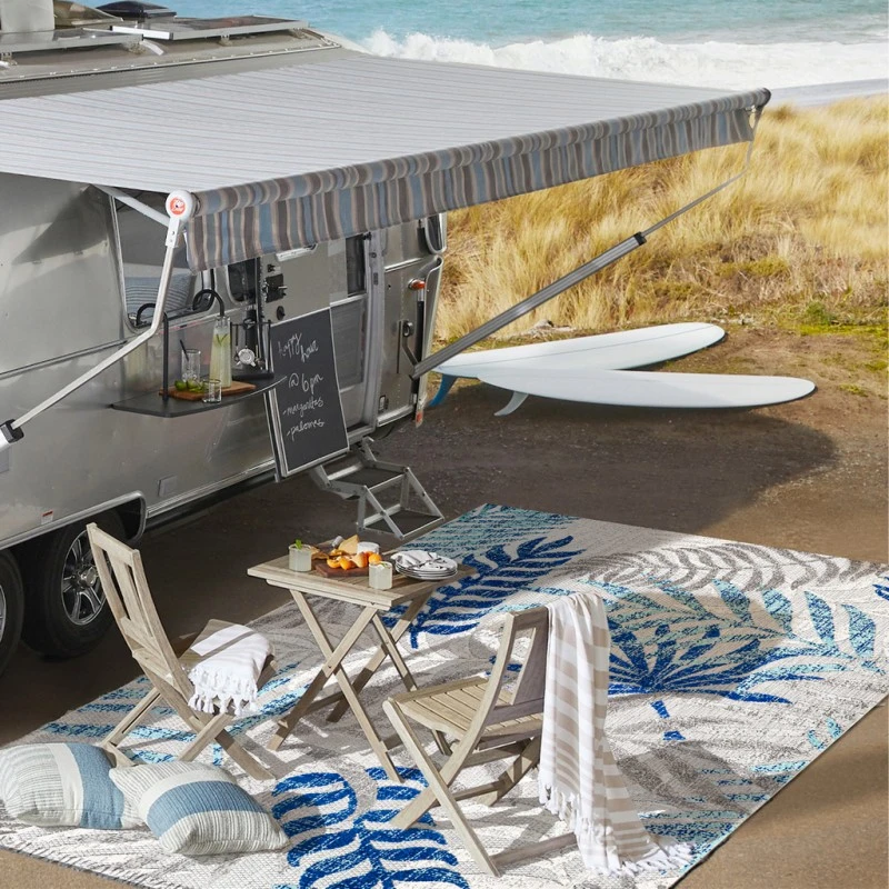 Tropics Palm Leaves Gray/Blue 6' Square Indoor/Outdoor Area Rug