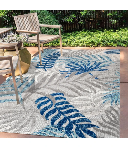 Tropics Palm Leaves Gray/Blue 8 ft. x 10 ft. Indoor/Outdoor Area Rug