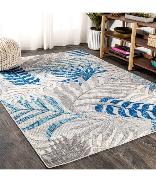 Tropics Palm Leaves Gray/Blue 8 ft. x 10 ft. Indoor/Outdoor Area Rug