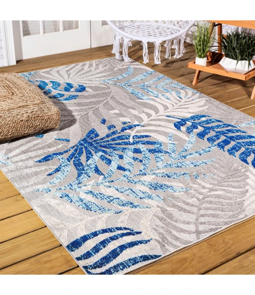 Tropics Palm Leaves Gray/Blue 8 ft. x 10 ft. Indoor/Outdoor Area Rug