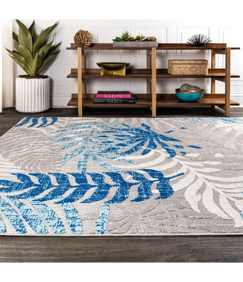 Tropics Palm Leaves Gray/Blue 8 ft. x 10 ft. Indoor/Outdoor Area Rug