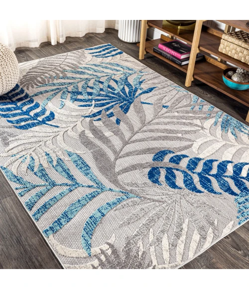 Tropics Palm Leaves Gray/Blue 8 ft. x 10 ft. Indoor/Outdoor Area Rug