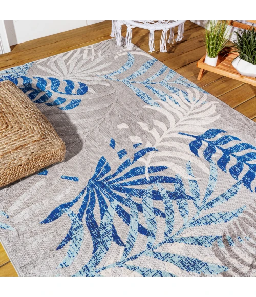 Tropics Palm Leaves Gray/Blue 8 ft. x 10 ft. Indoor/Outdoor Area Rug