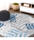Tropics Palm Leaves Gray/Blue 6' Round Indoor/Outdoor Area Rug